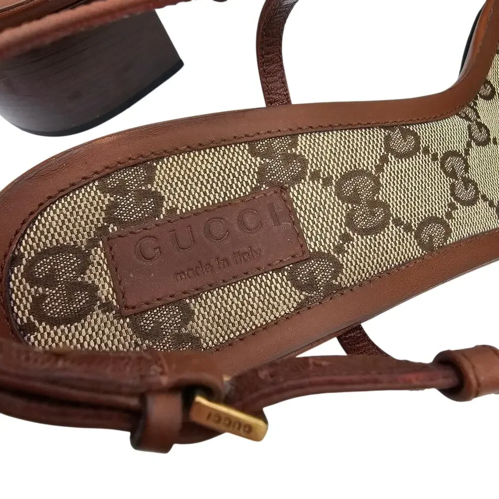 Gucci GG Brown Leather Horsebit T Strap Block Heel Sandal Gold Size 40 US 10